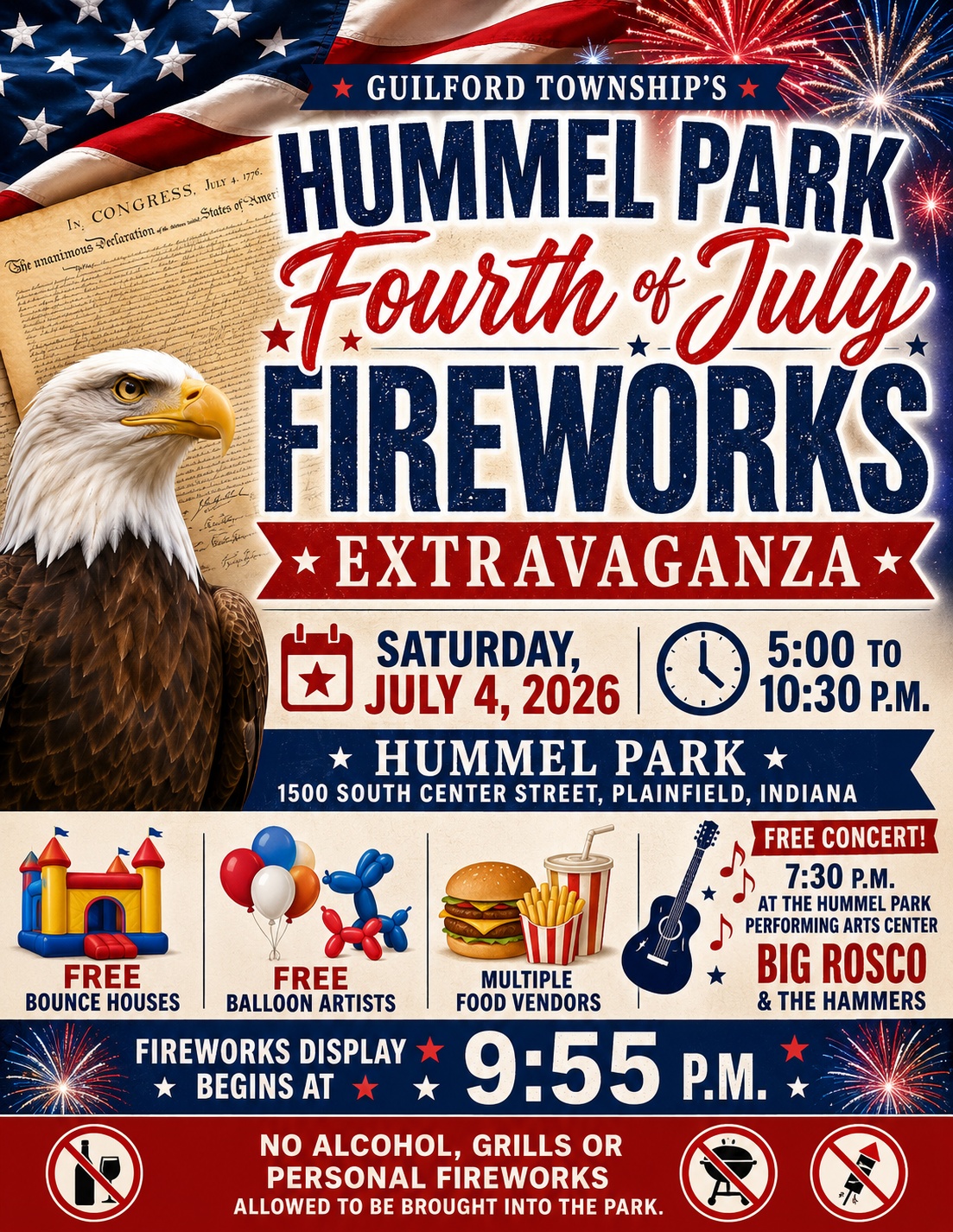 July 4th fireworks and events. 5 to 10:30 pm Fireworks start at 9:55 pm free concert 7:30 pm Hummel Park
