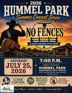 Flyer for Free Concert in Hummel Park on July 25th at 7:00 pm 5373 S. County Road 700 East, Plainfield Indiana 46168