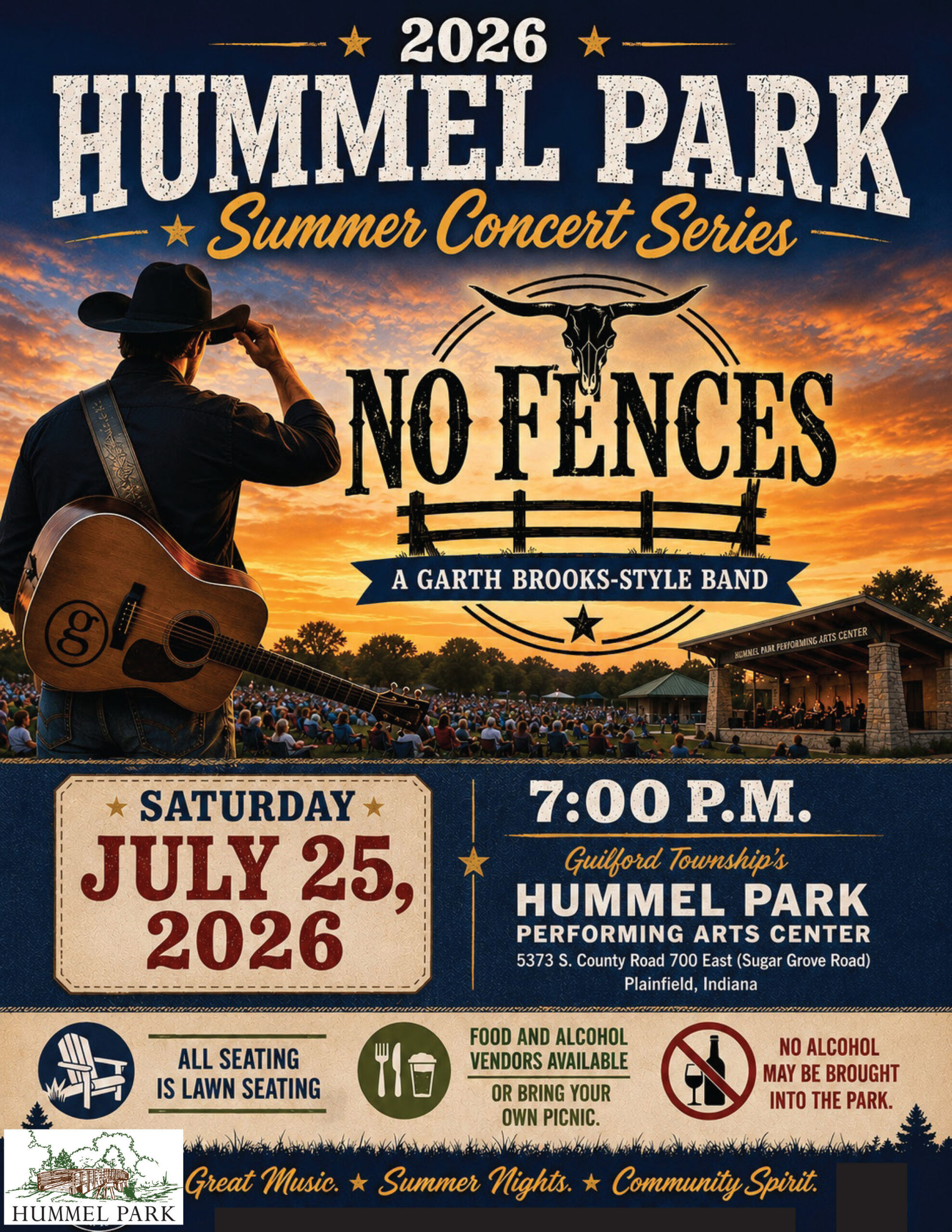 Flyer for Free Concert in Hummel Park on July 25th at 7:00 pm 5373 S. County Road 700 East, Plainfield Indiana 46168