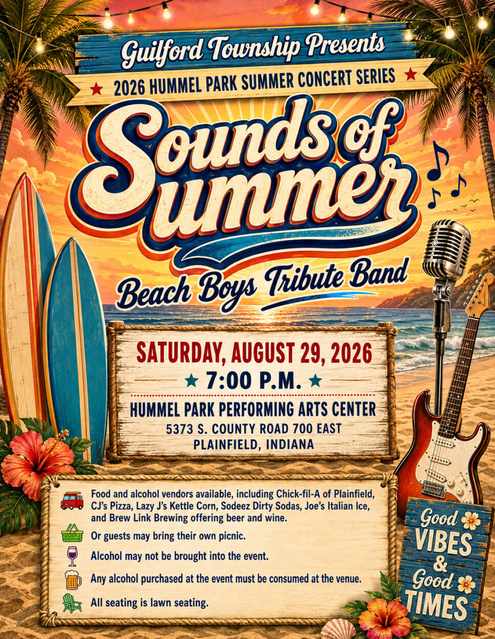 Flyer for Sounds of Summer Concert at Hummel Park on Saturday, August 29, 2026 at 7 pm